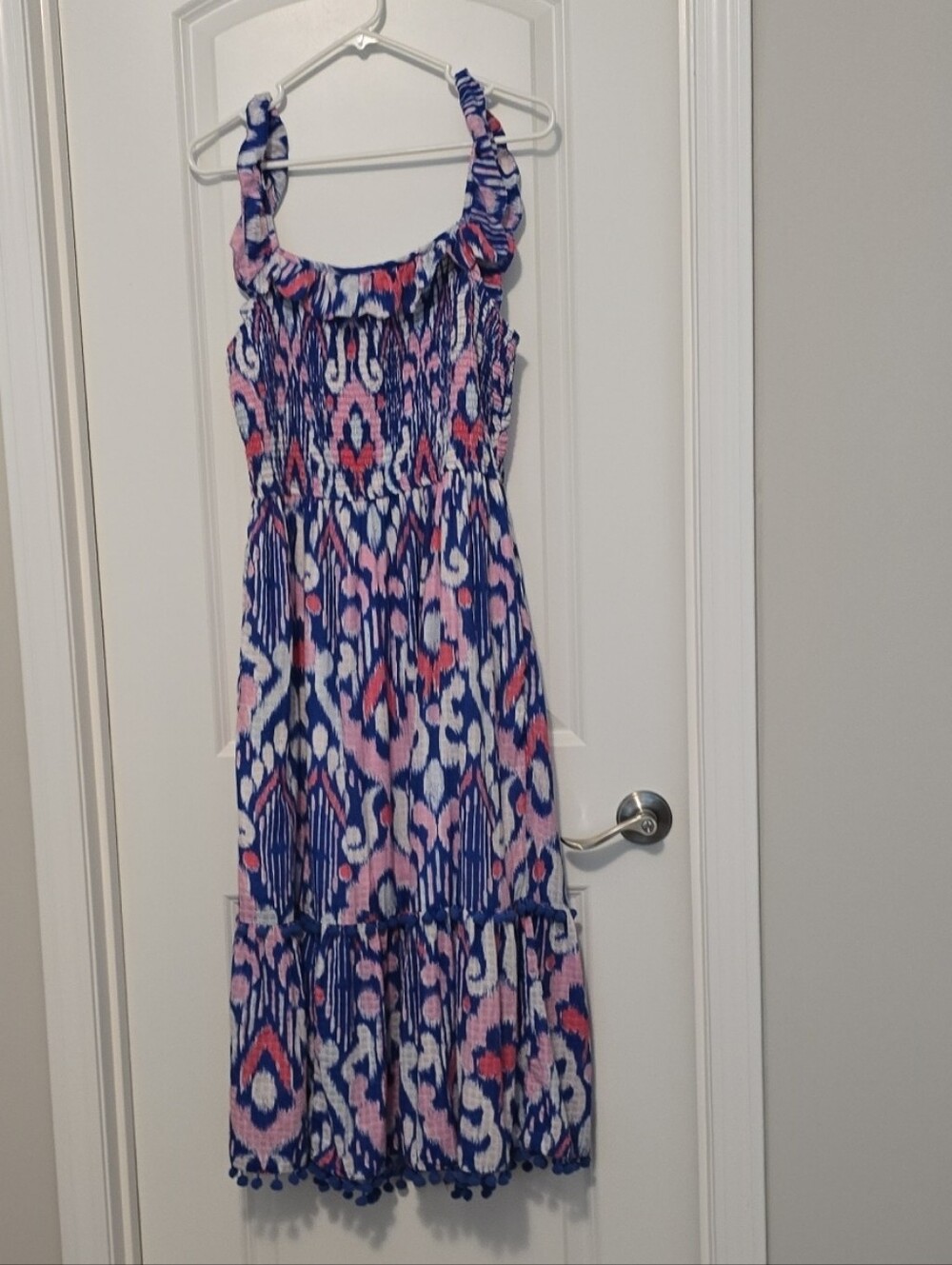 crown & ivy Navy and Pink Ikat Smocked Maxi Dress